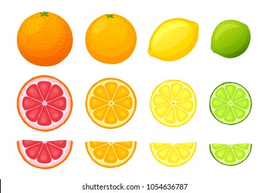 Vector illustration in flat style. Set of whole, slice and half fruits of orange, grapefruit, lemon and lime. Healthy vegetarian food. Citrus fruits. Isolated on white background