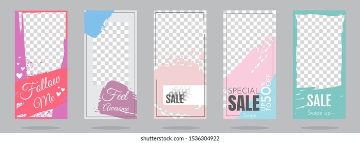 Vector illustration. Flat style. A set of editable templates for stories on social media. Graphic modern design. Minimalistic concept. Paint splash. Ink brush. Grunge concept. Color banners. Frame