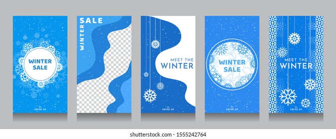 Vector illustration. Flat style. A set of editable banners for stories on social media. Graphic modern design. Minimalistic concept. Fluid color banners. Liquid blue concept. Winter snow template