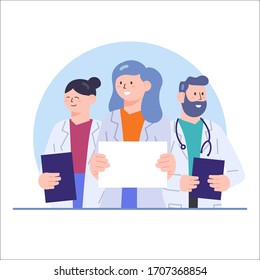 Vector Illustration Flat Style Set of Doctors Characters with Blank Empty Space Sign