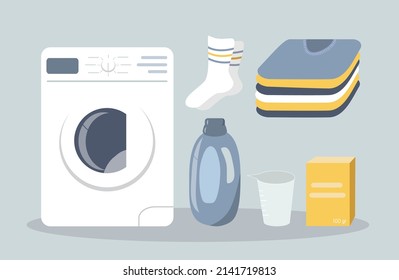 vector illustration in flat style. set of items on the theme of washing, laundry. washing machine, powder, fabric softener, stack of clothes