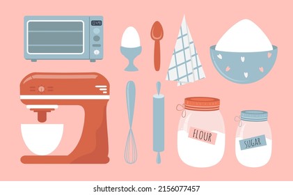 vector illustration in a flat style - a set of pictures on the theme of baking. Mixer, flour, oven, products and tools for baking