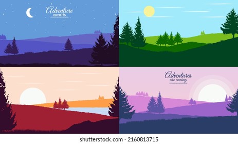 Vector illustration in flat style. Set of abstract vector landscapes. Natural silhouettes of tree. Design for background, wallpaper, banner, tourism card. 