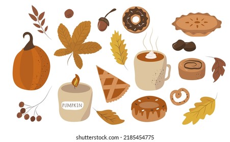 ilustración vectorial en un estilo plano - un conjunto de elementos aislados sobre el tema del otoño acogedor - velas, postres, hojas de otoño, calabaza