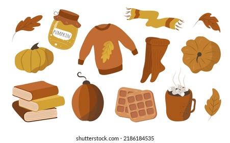 vector illustration in a flat style - a set of isolated items on the theme of autumn cozy- books, clothes, desserts, autumn leaves, pumpkins