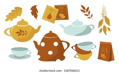 vector illustration in a flat style - a set of isolated pictures on the theme of autumn tea drinking. teapots, cups, herbal teas