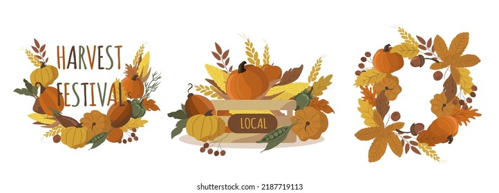 vector illustration in flat style. set of isolated elements on the theme of autumn and harvest. wreaths of autumn vegetables and leaves. seasonal harvest basket