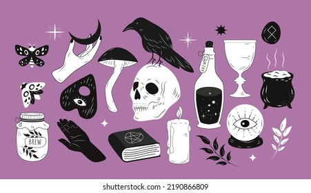 ilustración vectorial en estilo plano. un conjunto de elementos aislados sobre el tema de halloween, magia y brujería. calavera, objetos mágicos, libros, pociones