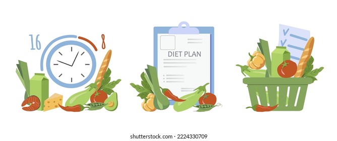 vector illustration in flat style. set of pictures on the theme diet, healthy eating, intermittent fasting