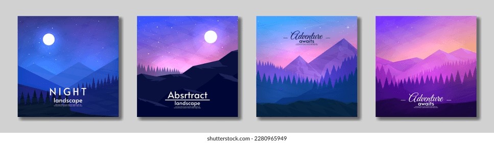 Vector illustration, flat style. Set landscapes card. Minimalistic design for card, banner, postcard, gift card. 