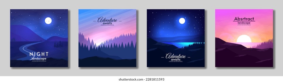 Vector illustration. Flat style. Set landscapes card. Geometric illustrations, minimalistic design for card, banner, postcard, gift card, touristic card. 