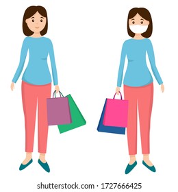 Vektor-Illustration in flachem Stil, Einkaufen, Frau mit Packungen in einer Maske, isolieren auf einem weißen Hintergrund