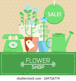 Vector illustration in a flat style. The showcase of a Flower shop