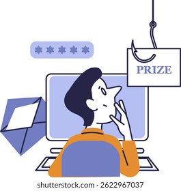 Vector illustration in flat style showing a person sitting at a computer and receiving a fake prize notification as part of a phishing scam.Concept of cybercrime, internet security awareness.