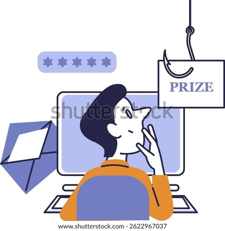 Vector illustration in flat style showing a person sitting at a computer and receiving a fake prize notification as part of a phishing scam.Concept of cybercrime, internet security awareness.