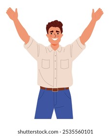 La Ilustración vectorial en un estilo plano muestra a un hombre alegre con cabello castaño corto, vistiendo una camisa beige y pantalones azules. Tiene los brazos en alto, expresando emoción o alegría