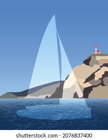 Vector illustration in flat style. Silhouette sailing yacht in blue sea or ocean, lighthouse on the cliff, blue sky background. Design of souvenirs, posters, travelling brochure. Ship boat cruise.