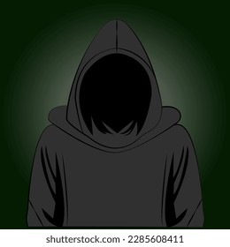 Vector illustration in flat style, silhouette of an anonymous man, concept of a cybercriminal or hacker in a hoodie with a hood hides his face.