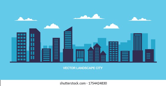 Vector illustration in flat style. Simple minimal geometric design with city landscape with buildings - cloud and sky. 