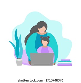 Vector illustration in flat style. Sitting mother and child with laptop. Online education with class in quarantine time, making homework with parent's help. Home schooling. Blue and violet colours