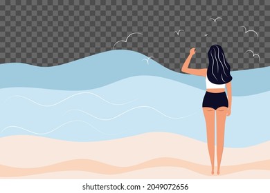 Vector illustration in a flat style. A slender girl in a bikini on the beach. Water extreme sports, travel, summer vacation concept, tourism, summer vacation, healthy lifestyle.