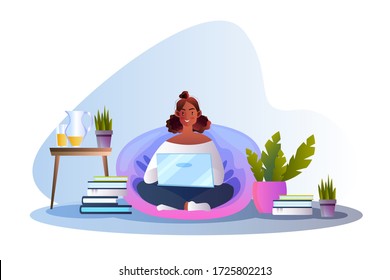 Vector illustration in flat style with smiling young girl sitting on the pillow using laptop. Online education concept with female character, books, home plants, table. E-learning banner with student