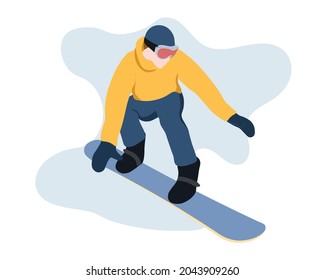 Vector illustration in flat style of a snowboarder. Winter sports, outdoor activities in winter. A snowboarder in a yellow jacket goes down the slope.