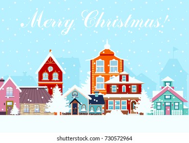 Vector illustration in flat style. Snowy night in cozy town city panorama with colorful houses in snow. cityscape in Christmas time.