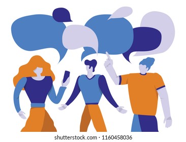 Vector illustration, flat style, social network,  bubbles, clouds, businessmen conversation, news, social networks, chat, dialogue, speech.