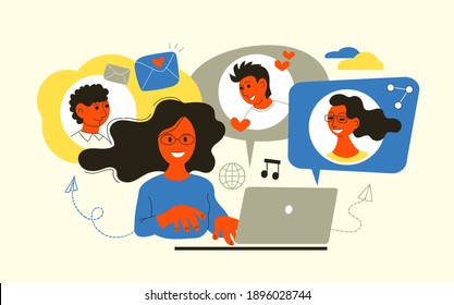 Ilustración vectorial en un estilo plano. Redes de medios sociales, mensajes, búsqueda de amigos, video, chat, noticias de internet, música.