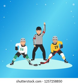 Vector illustration in flat style, sports concept.Hockey players and referee. Championship or hockey match.