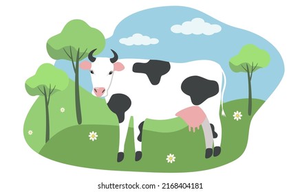 vector illustration in flat style - spotted cow grazing in the meadow