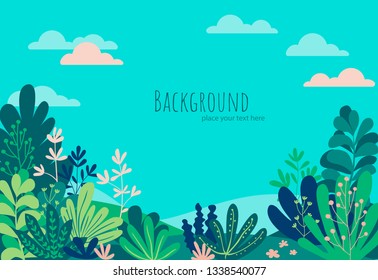 Vector illustration in flat style - spring and summer background with copy space for text - landscape with plants, trees, flowers - background for banner, greeting card, poster