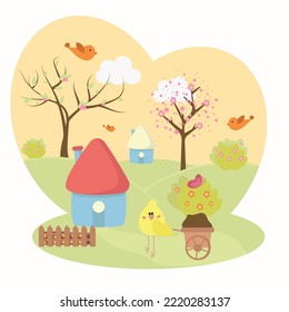 Vector illustration in flat style.
Spring village landscape. Farmhouses, chickens in meadows, fields. Rural community. Sunny day, blue sky, hills. Vector village countryside scene.