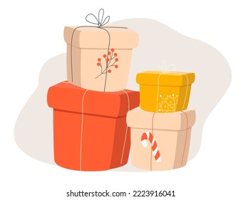 vector illustration in flat style. stack of christmas gifts