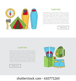 Vector illustration in flat style with stroke, a banner on the theme of camping. The template consists of icons on the theme of camping and nature tourism and summer vacation.