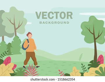 Ilustración vectorial en estilo plano - Fondo de verano - Ilustración paisajística con un personaje caminando en el bosque de verano - explorando la naturaleza