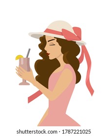 Ilustración vectorial. Estilo plano. Ánimo de verano. Chica en un sombrero con un arco. Ella está sosteniendo un cóctel en su mano. 