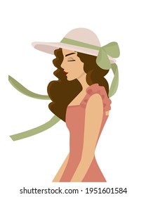 Vector illustration. Flat style. Summer mood. Girl in a hat with a bow. The girl is dressed in a pink long sundress. Ribbons and her curly hair are waving in  the wind.