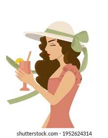 Vector illustration. Flat style. Summer mood. Girl in a hat with a bow and wears a nice pink dress. The girl is holding a cocktail in her hand. Ribbons are waving in  the wind. 