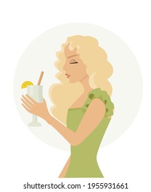 Vector illustration. Flat style. Summer mood. A girl with a blonde hair  wears a nice green dress. The woman is holding a cocktail in her hand. Hair are waving in the wind.