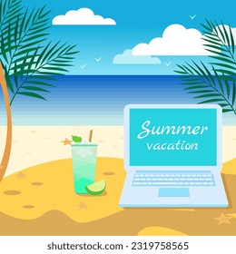 Vector illustration in a flat style. Summer vacation concept, remote work anywhere in the world. Modern laptop and cooling cocktail on a tropical island. The text on the screen can be changed.