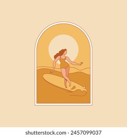 Vector illustration in flat style, summer horizontal banner with copy space for text, girl surfing on the wave on the ocean
