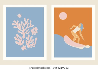 Vector illustration in flat style, summer banner and print, summer and vacation vibes, girl surfing on the wave in the ocean
