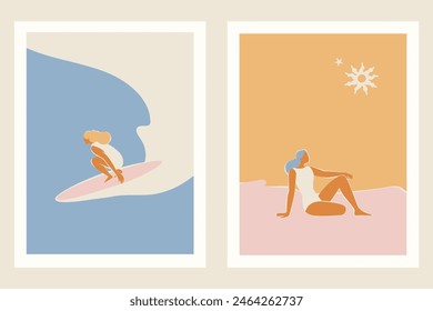 Vector illustration in flat style, summer banner and print, summer and vacation vibes, girl surfing on the wave in the ocean
