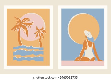 Vektorillustration im Flachstil, Banner und Druck im Sommer, Sommer- und Urlaubsatmosphäre, Girl Surfing auf der Meereswelle
