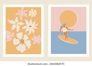 Vector illustration in flat style, summer banner and print, summer and vacation vibes, girl surfing on the wave in the ocean
