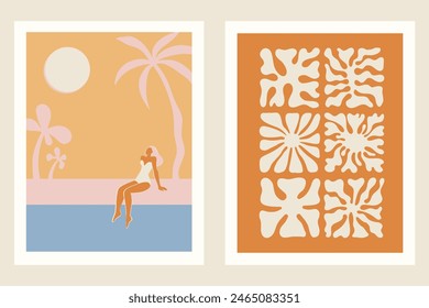Vector illustration in flat style, summer banner and print, summer and vacation vibes, girl surfing on the wave in the ocean
