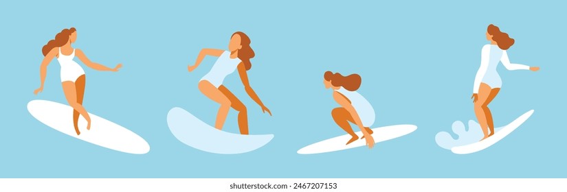 Vector illustration in flat style, summer horizontal banner with copy space for text, girl surfing on the wave on the ocean

