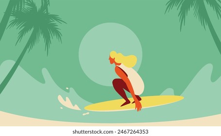 Vector illustration in flat style, summer horizontal banner with copy space for text, girl surfing on the wave on the ocean


